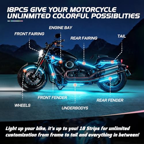 Nilight 18PCS Motorcycle RGB Led Light Kit Waterproof Multi Color Atmosphere Neon Accent Lights Lamp with RF Wireless Remote for Harley Davidson Honda Kawasaki Yamaha Suzuki - color: 18Pcs RGB LED Strip Lights