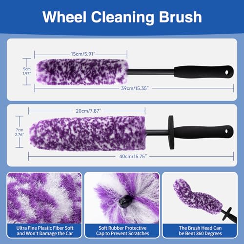 5 Pack Car Wheel and Tire Cleaner Brushes Kit Auto Motorcycle Rim Ultra Soft Microfiber No Spatter Bendable Woolies Bristle Cleaning Set (Purple & White) - color: Purple & White