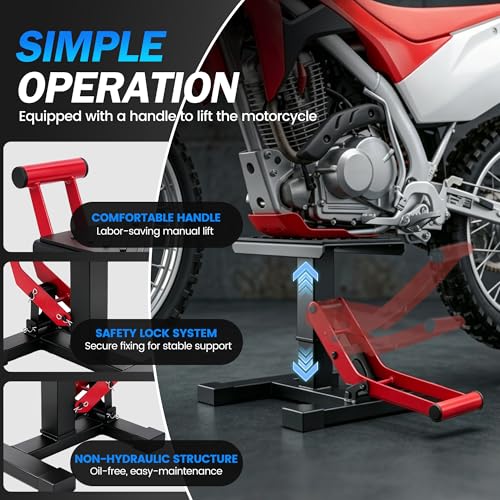 Dirt Bike Stand,600Lbs Capacity No Hydraulic Lift Jack Adjustable Hoist Table Heavy Duty Anti-Slip Lifting Stand for Dirt Pit Bike Motocross Enduro Motorcycle Repair&Maintenance-Red - color: Red