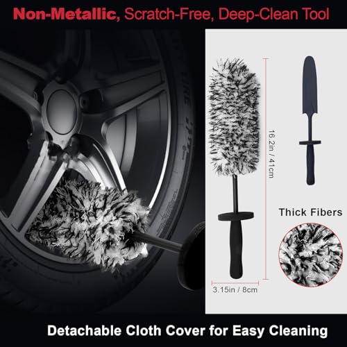 4PCS Professional Wheel Detailing Set - Metal-Free Flat Rim Brush, Dual-Hardness Tire Brushes & Lint-Free Towel | Scratch-Free Brake Dust Removal for All Vehicles - color: 4