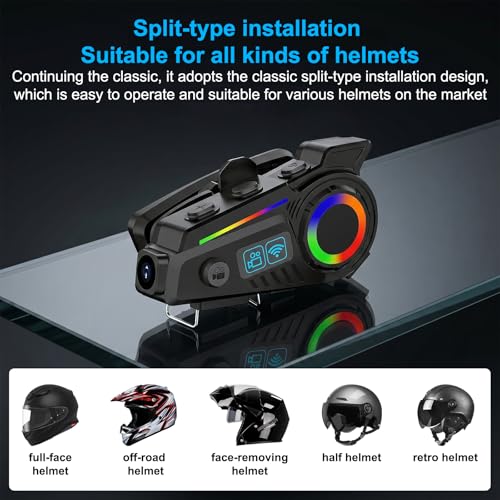 VANBAR Motorcycle Helmet Bluetooth Headset with 2K Camera, Dual-Mic Intercom and 40H Playtime, IP65 Waterproof Helmet Speaker System for Riding, Supports Video Recording & Music Sharing (Black)