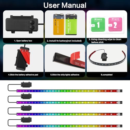 Marine Boat Lights Strip Battery Powered Golf Cart Light, 4 Pcs 24’’ 9V IP67 Waterproof Boat Interior Deck Courtesy Lights for Kayak Paddleboard Pontoon Skeeter Fishing Bass (Multi-color)