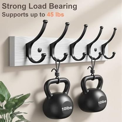 Optish 2 Pack Wooden Coat Rack Wall Mount, 16.1" Rustic Coat Hanger Hooks with 10 Double Hooks, Wall Coat Rack for Hat, Clothes, Bags, Jacket, Brown, White - color: White