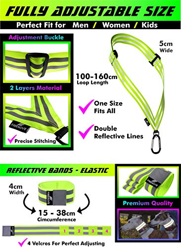 FREEMOVE Reflective SASH with 2 Bands - or - Reflective Runners Waist Belt with 4 Arm Bands > Easy to Put On/Off Reflective Gear for Guaranteed Visibility & Safety for Dog Walking, Running, Cycling - color: Yellow SASH and BANDS