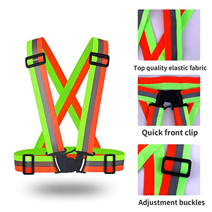 2 pcs Reflective Vest, Adjustable High Visibility Reflective Safety Straps Gear for Run, Cycling,Pet Walking - color: Green & Orange