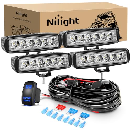 Nilight LED Pods 4PCS 18W 6Inch Flood Offroad Fog Light Bar Waterproof with 16AWG POD Lights Wiring Harness Kit for Boat SUV ATV 4WD Car Truck Golf Cart 12V 24V -4 Leads - color: 4Pcs 18W Lights w/ wiring harness