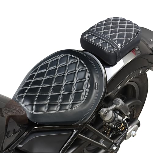 Motorcycle Rider & Passenger Comfort Seat Fit for Rebel 1100 CMX1100 2021 2022 2023 2024 2025 2026, Front Rear Solo Saddle Back Cushion Pillion Pad, Black w/Gray Stitching - color: Front & Rear - Black-B