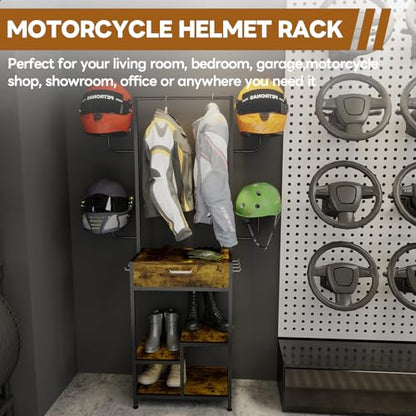 uyoyous Motorcycle Helmet Holder, Helmet Stand, Large Standing Helmet Holder, Metal Motorcycle Helmet Storage Rack with Drawer for Jacket, Hats, Multifunctional Helmet Rack, Motorcycle Accessories