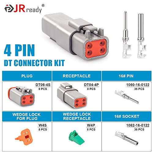 JRready ST6327-402 Deutsch DT Connector 4 Pin 8 Sets, Size 16 Stamped Contacts 14-18AWG, Waterproof Sealed Connectors for Lights, Fans, Pumps, Trucks, Off-Road, Marine, Motorcycle - size: 4-Pin (8 Pairs)
