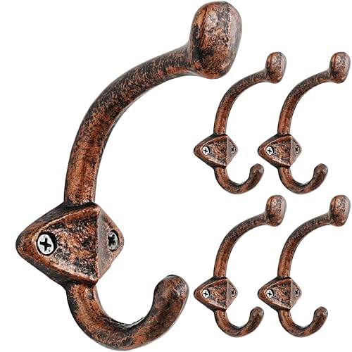 Dseap Cast Iron Wall Hooks L=5”, Heavy Duty Coat Hooks, Rustic Vintage Farmhouse Hook for Hanging Winter Coats Jackets Towels Hats Bags Plants, Antique Copper, Pack of 5 (ShieldBold) - color: Antique Copper, size: L=5" (Pack of 5)