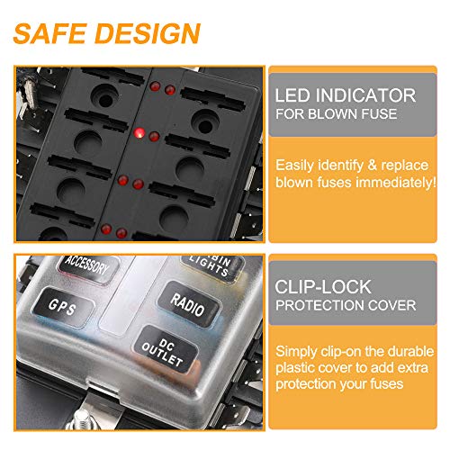 BUNKER INDUST 10-Way Fuse Box Blade Fuse Block Holder with LED Indicator for Blown Fuse Waterpoof Protection Cover for Car Boat Marine Automotive,Include 20Pcs Blade Fuses and 1Pcs DIY Sticker - color: 1Pcs 10-Way Blade Fuse Box