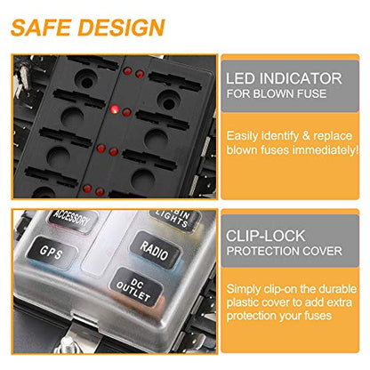 BUNKER INDUST 10-Way Fuse Box Blade Fuse Block Holder with LED Indicator for Blown Fuse Waterpoof Protection Cover for Car Boat Marine Automotive,Include 20Pcs Blade Fuses and 1Pcs DIY Sticker - color: 1Pcs 10-Way Blade Fuse Box