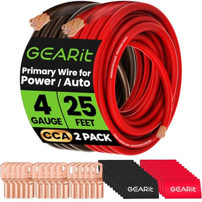 GEARit 4 Gauge Wire Kit CCA 3-in-1, 4 AWG Power Ground Battery Cable 25 ft Black/Red, with Lugs & Heat Shrink - color: 4 Gauge Wire, size: Black/Red 25ft Each + Lugz + Shrink Wrap