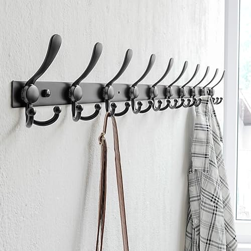 Dseap Coat Rack Wall Mount 37 Inch, Heavy Duty 12-Gauge Base vs Flimsy 1mm, Double-Thick Solid Anti-Snap Hooks, 16” Stud-Mount, Stainless Steel 10-Hook Hanger for Closet Entryway, Black - color: Black, size: L=37" (1pcs)