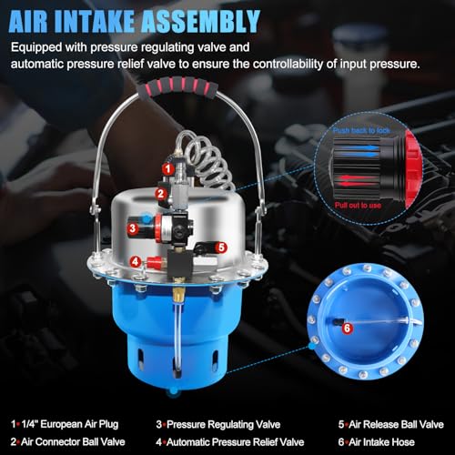 JIFETOR 5L Pneumatic Brake Pressure Bleeder Kit, Air Power Pressurized Master Cylinder Clutch Fluid Bleeding Tool Set with Bleed Machine, Collection Bottle and Adapters, Blue Cylinder - color: Blue Cylinder