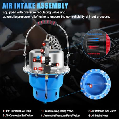 JIFETOR 5L Pneumatic Brake Pressure Bleeder Kit, Air Power Pressurized Master Cylinder Clutch Fluid Bleeding Tool Set with Bleed Machine, Collection Bottle and Adapters, Blue Cylinder - color: Blue Cylinder