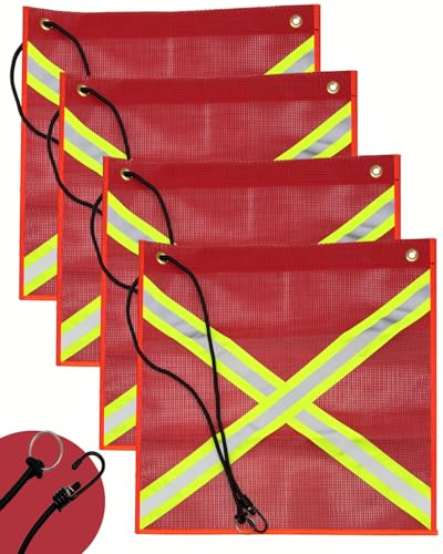 Safety Flag, PVC Mesh Warning Flags with Cross Reflective Strip 18 x 18 Inch Warning Flag with Wire Loop and Snap Hook for Truck Hunting Bike Trailer Hauling (Red-4 Pack) - color: Red Warning Flag with Grommet and Bungee Cord