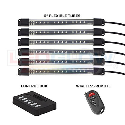 LEDGlow 6pc Million Color Flexible Motorcycle LED Lighting Kit - 15 Solid Colors - 9 Patterns - 6" Multi-Color Tubes - Includes Control Box & Wireless Remote
