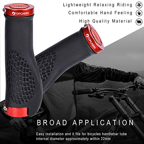 TOPCABIN Ergonomic Bike Grips - Widen Holding Rubber Grips with Aluminum LockGrips for Mountain & Road Bikes - color: (Aluminum lock plug+Grips) Red 1 Pair
