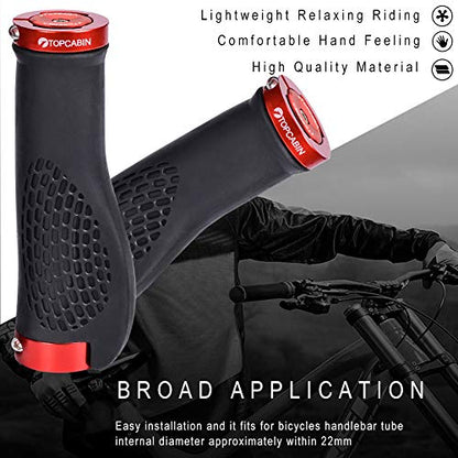 TOPCABIN Ergonomic Bike Grips - Widen Holding Rubber Grips with Aluminum LockGrips for Mountain & Road Bikes - color: (Aluminum lock plug+Grips) Red 1 Pair