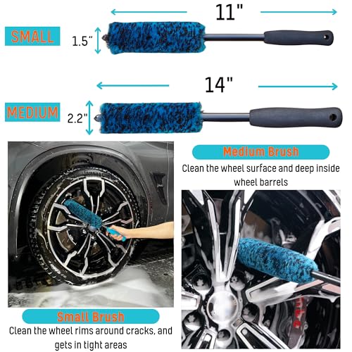 oesee 7PCS Car Wheel Rims Detail Cleaning PRO Wash Kit, Wheel Wash Mitt, Tire Brush, 2PCS Soft Wheels Brush, Detailing Brush, and Tire Dressing Pads, Microfiber Dry Towel Scratch-Free Cleaning - color: 7 Pack (Blue & Black)