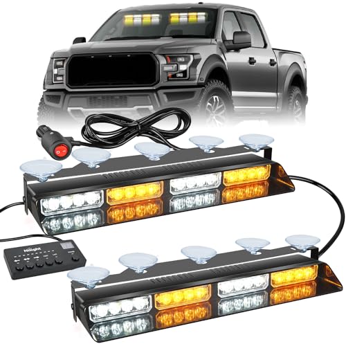 Nilight 32LED Amber White Emergency Dash Strobe Lights with Controller Suction Cups Warning Hazard Interior Front/Rear Windshield Deck Split Light Bar for Truck Construction Vehicle - color: Amber and White