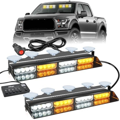 Nilight 32LED Amber White Emergency Dash Strobe Lights with Controller Suction Cups Warning Hazard Interior Front/Rear Windshield Deck Split Light Bar for Truck Construction Vehicle - color: Amber and White