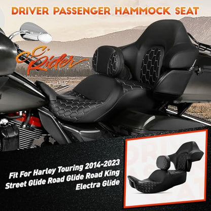CC RIDER Gel Seat Driver Passenger Seat and Driver+ Tour Trunk Backrests Fit For Harley Touring 2014-2023 Street Glide Road Glide Road King Electra Glide,Black Hexagon - color: 23# Gel Black+ 2 Backrests