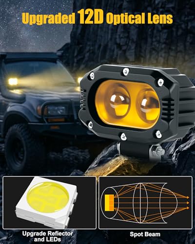 4 Inch LED Pod Lights, 48W Square Offroad Driving Lights Super Bright 120° Amber Spotlight Combo Beam LED Auxiliary Light Bar with Wiring Harness Kit for Motorcycle Jeep Wrangler Truck Pickup ATV UTV - color: 4in Amber Spotlight+Wire