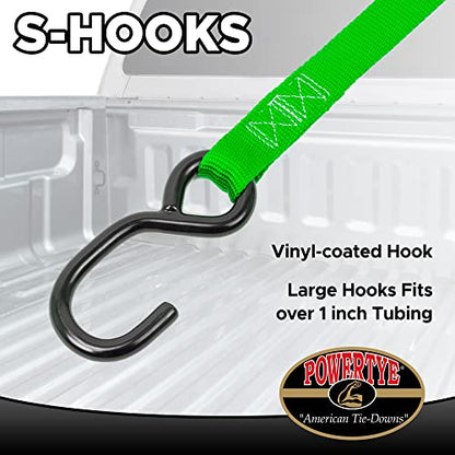 PowerTye 1in x 5.5ft Cam Buckle Tie-Downs w/S-Hooks - 400 lb. WLL / 1,200 lb. Breaking Strength - Made in USA - Green (Pair) - color: Green
