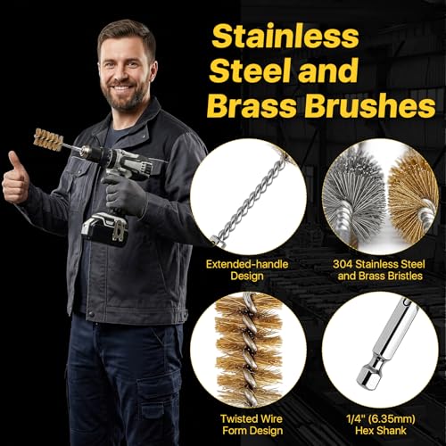 16 Pcs Bore Brush Set, 304 Stainless Steel&Brass Wire Bore Brush for Drill, Twisted Cleaning Brush with 1/4" Hex Shank,5 Inch Abrasive Wire Brush for Power Drill Cleaning,7/8,3/4,1/2,3/8''