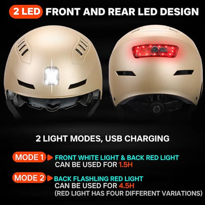 DKONI Bike Helmet with LED Lights Bicycle Helmets Commuter Cycling Helmet USB Rechargeable Front & Back LED Light Helmet for Adult Men Women - color: Gold, size: Large: 22-24 inch (56-61cm)