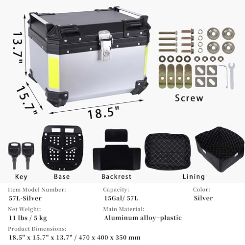 Motorcycle Top Case 57L Trunk Tail Box Bag Aluminum alloy handle With Leather Lining Anti-Theft With Lock And Back Cushion Waterproof Dustproof Easy Installation With Universal Bracket Silver - color: Silver（57L-Single Lock）