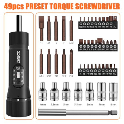 coobeast 49 Pcs Torque Screwdriver 10-70 Inch Pound Torque Screwdriver Set with S2 Bits & Sockets, 1/4” Drive Torque Wrench Screwdriver Set for Maintenance, Tools, Bike Repairing and Mounting - size: 49 PCS