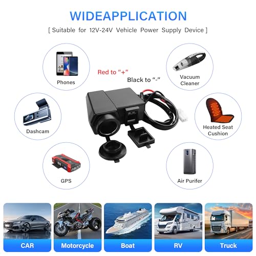12V Motorcycle Dual USB Charger, Car Charger Power Outlet Waterproof Adapter with Cigarette Lighter Socket and Voltmeter for Phones/Tablets/GPS