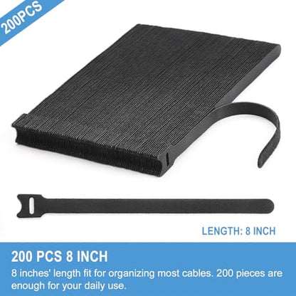 200 PCS 8 Inches Reusable Cable Ties | Adjustable Cord Wraps, Cable Straps | Hook & Loop Cord Organizer, Cable Management - size: 8 Inch 200 Pcs