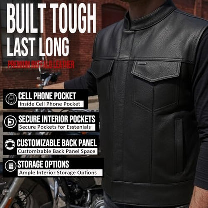 Jackets 4 Bikes Men’s SOA Motorcycle Vest – Premium Buffalo Leather, Multiple Pockets Club Style Biker Vest - All Seasons - size: X-Large