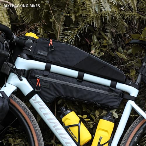 Rhinowalk Bike Frame Bag 2.1L, Waterproof Front Tube Bag with Dual Compartments, YKK Zipper, Phone Storage & Cable Port – Fits Most Bikes – Black - color: Full Black, 2.1L