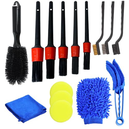15 Pcs Car Cleaning Kit, Car Detailing Wash Brush Set, Auto Interior External Wash Cleaning Set for Car Motorcycle Bike Wheels, Engine, Emblems, Air Vents, Dashboard, Leather