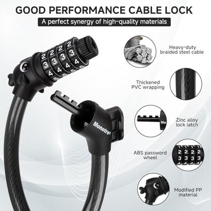 Bike Lock, 3.9 Feet 4-Digit Resettable Combination Password Anti-Theft Cable Lock, Cute Coiled Bike Lock with Mounting Bracket, Suitable for Bicycles, Electric Scooters, Ebikes (Black-12mm) - color: Black-12mm