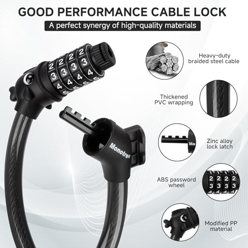 Bike Lock, 3.9 Feet 4-Digit Resettable Combination Password Anti-Theft Cable Lock, Cute Coiled Bike Locks with Mounting Bracket, Suitable for Bicycles, Electric Scooters, Ebikes (Black-10mm) - color: Black-10mm
