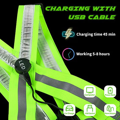 LED Reflective Vest, USB Rechargeable Reflective Running Gear with Safety Lights and Adjustable Size Elastic Band Night Vest Gear Accessories for Men Women Kids