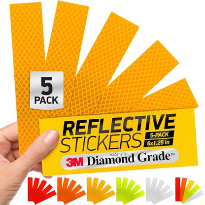 Reflective Stickers | 3M Diamond Grade | Yellow | 1.25″ x 6″ | 5-Pack | Reflective Safety Tape for Helmets, Cars, Mailboxes & More - color: Fluorescent Yellow