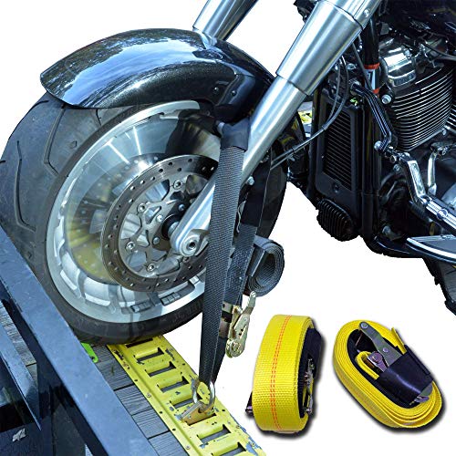 Motorcycle Tie Down Straps (2 Pack) - 10k lb Web Break Strength 2'' x 10' Super Heavy Duty Endless Tie Downs with Cordura & Ratchet Strap (Yellow) - color: yellow