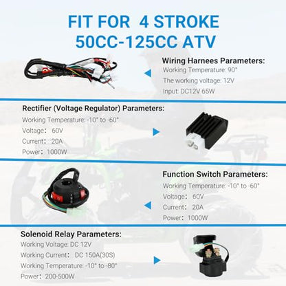 EOPOAYI Complete Wiring Harness Kit Compatible with Tao tao Coolster 125cc Chinese ATV 4 Stroke Quad 4 Wheeler Parts with Starter Solenoid Relay Ignition Coil CDI Box Stator Voltage Regulator