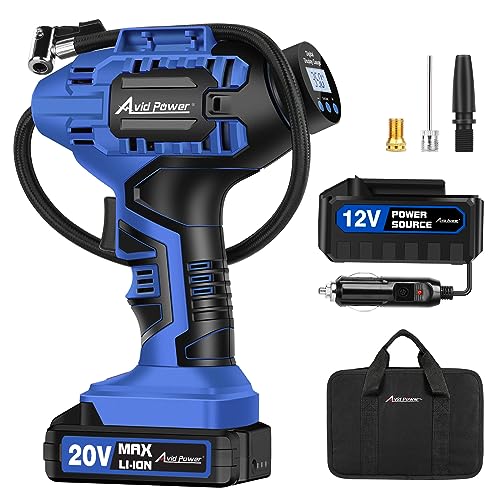 Avid Power Cordless Tire Inflator Portable Air Compressor, 20V Rechargeable Battery Tire Pump w/ 12V DC Power Adapter, Digital Pressure Gauge, Auto Air Pump for Many Inflatables (Blue) - color: 2-blue