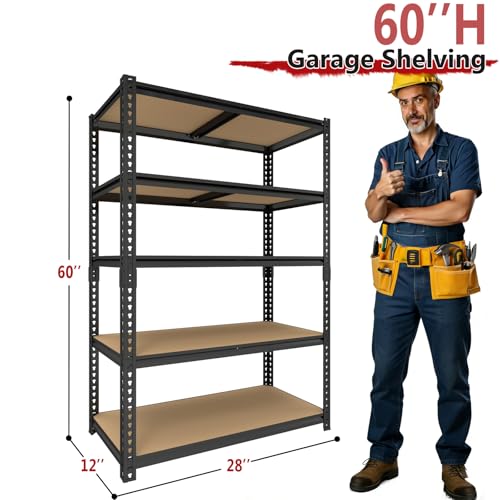 Heavy Duty Garage Shelving,5-Tier Garage Storage Shelves,2400LBS Storage Shelves Heavy Duty,Adjustable 5 Tier Shelving Unit,Heavy Duty Shelving for Garage Storage Warehouse,28''×12''×60'' - size: 60" H x 28" W x 12" D