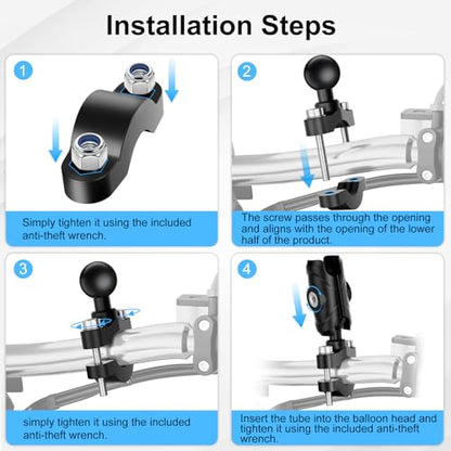 LBW Motorcycle Handlebar Mount with Anti Vibration TPU Ball and Double Socket Arm U-Bolt Base, Compatible with B Size Ball Accessories, Fits Popular Bike Cell Phone & GPS Mounts for 0.5-1" Bars