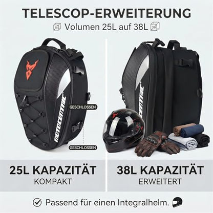 MOTOCENTRIC Motorcycle Tail Bag, 25L-38L Waterproof Helmet Backpack, Universal Fit, 5 Compartments (Blue) - color: Blue