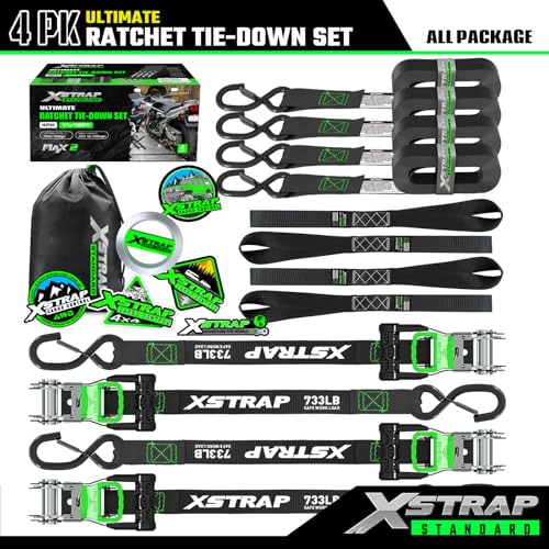 XSTRAP STANDARD 4PK Motorcycle Ratchet Straps, 1" x 15ft, 2,200 lbs Break Strength Tie Down Straps with Safety Lock S-Hooks, Soft Loop Straps and Stickers for Trucks, Cargo, Moving (Black) - size: Black-2200 lbs-4Loops
